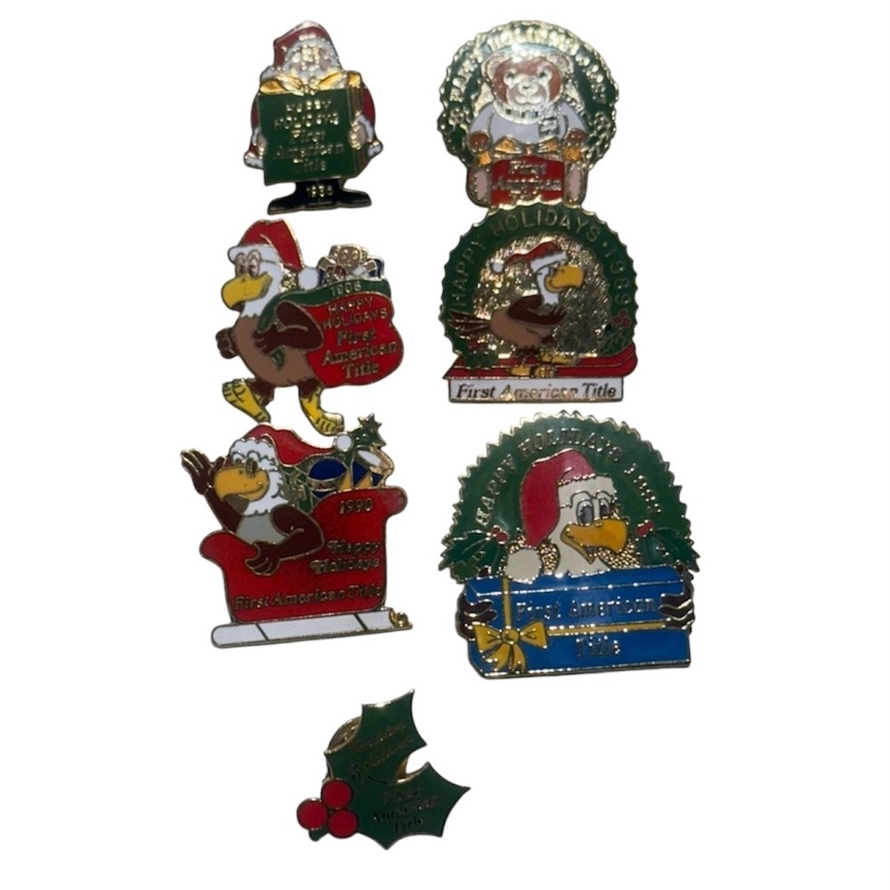 FIRST AMERICAN TITLE - 7 Festive Holiday Lapel/Hat Pins. 80’s & 90’s Vintage